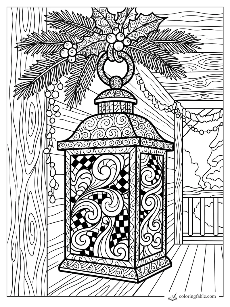 Intricate zentangle Christmas lantern with pine branches, holly berries, garlands, and wood-grain porch boards.