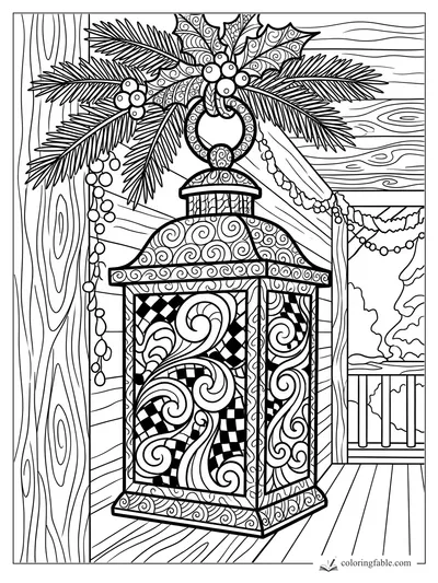 Intricate zentangle Christmas lantern with pine branches, holly berries, garlands, and wood-grain porch boards.
