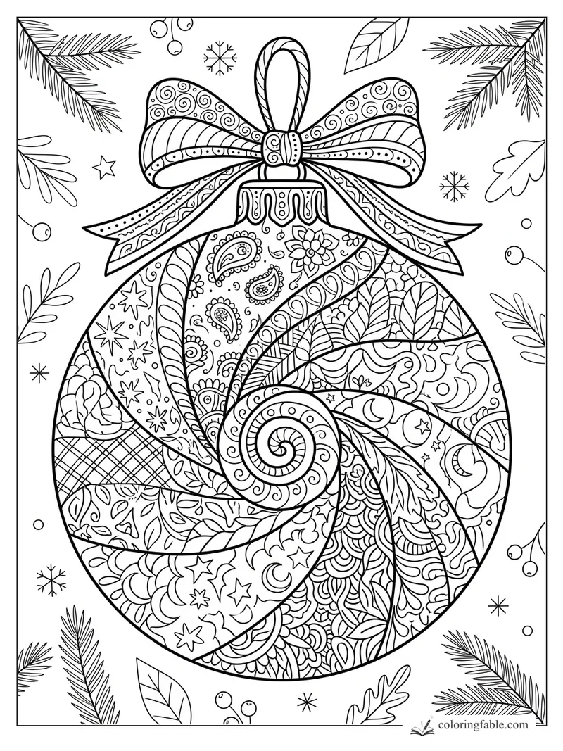 Intricate zentangle Christmas ornament with patterned bow, pine sprigs, leaves, berries, and snowflakes