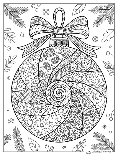 Intricate zentangle Christmas ornament with patterned bow, pine sprigs, leaves, berries, and snowflakes