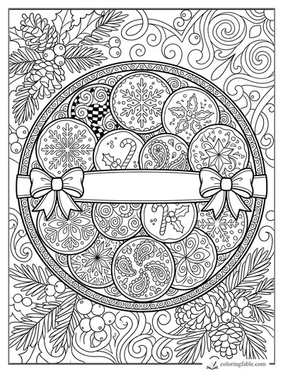 Intricate Christmas ornament wreath with bows, pinecones, holly, snowflakes, and zentangle swirls