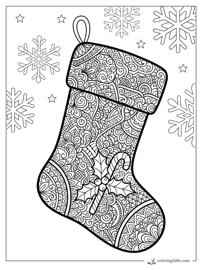 Intricate zentangle Christmas stocking with holly, candy cane, stars, and large snowflakes