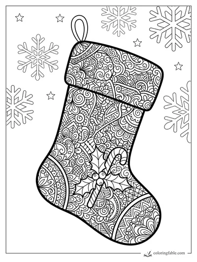 Intricate zentangle Christmas stocking with holly, candy cane, stars, and large snowflakes
