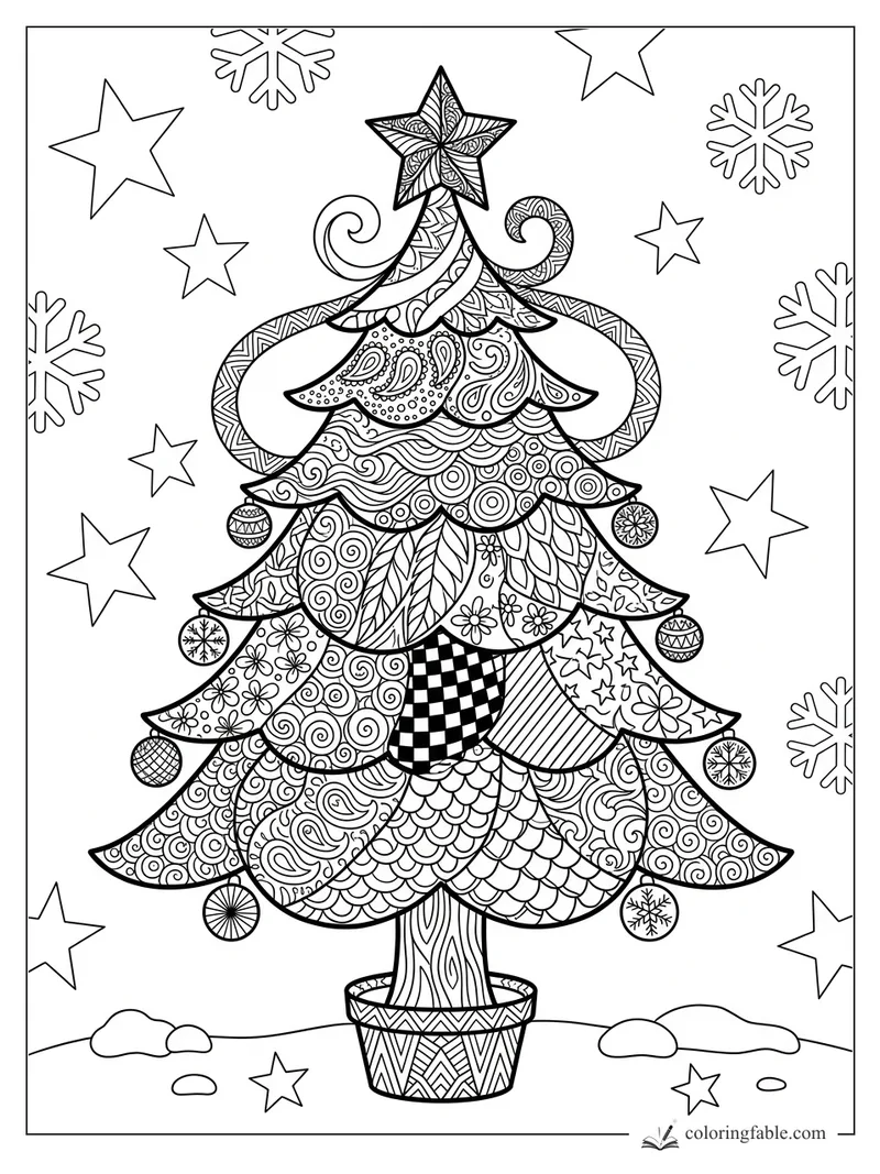 Intricate zentangle Christmas tree in a patterned pot with star topper, ornaments, stars, and snowflakes.