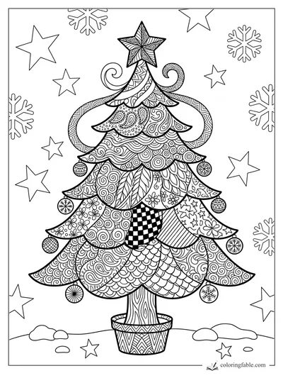 Intricate zentangle Christmas tree in a patterned pot with star topper, ornaments, stars, and snowflakes.