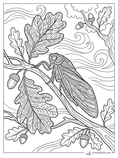 Intricate zentangle cicada on an oak branch with acorns, patterned leaves, and swirling summer wind