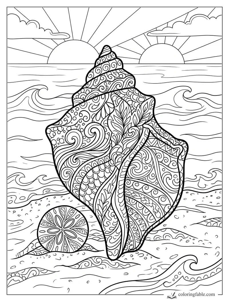Intricate zentangle conch shell on a beach with waves, sand dollar, clouds, and two setting suns