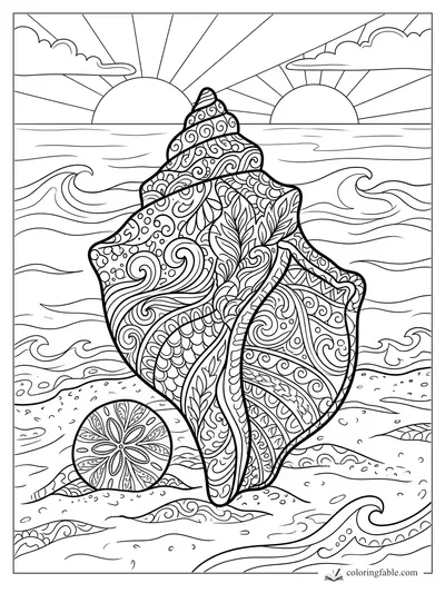 Intricate zentangle conch shell on a beach with waves, sand dollar, clouds, and two setting suns