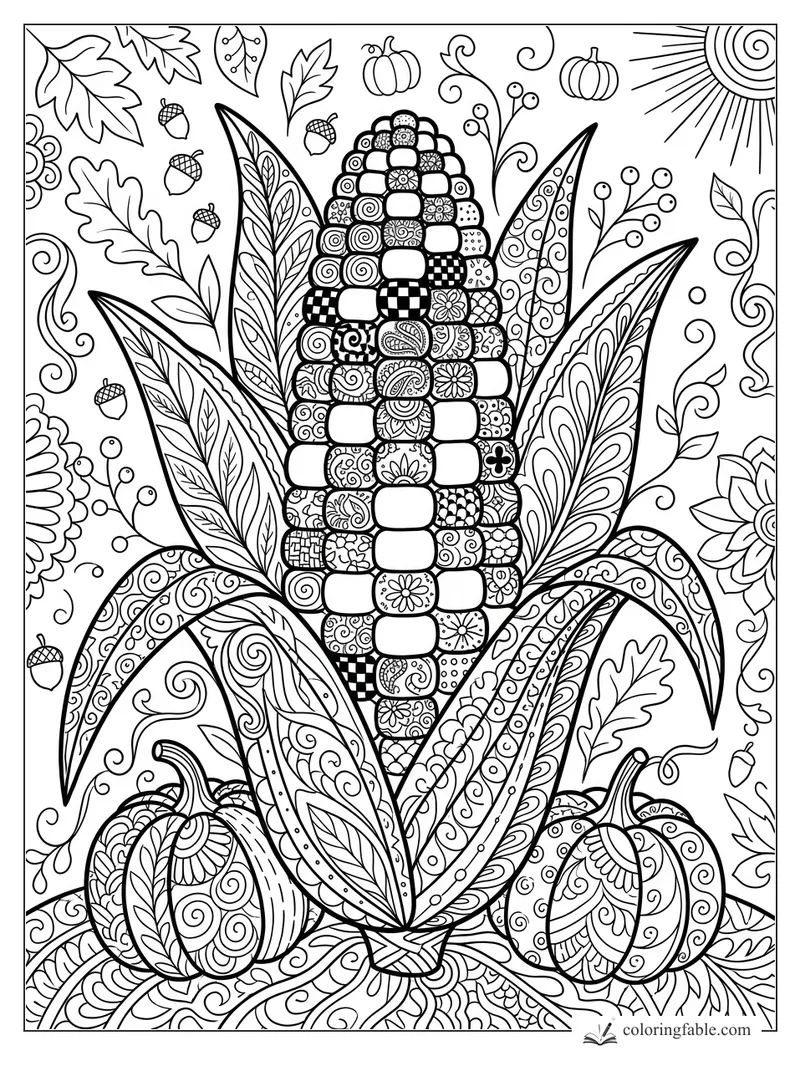 Intricate zentangle corn cob with patterned husks, pumpkins, acorns, fall leaves, vines, and spiral sun.