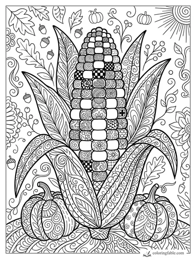 Intricate zentangle corn cob with patterned husks, pumpkins, acorns, fall leaves, vines, and spiral sun.