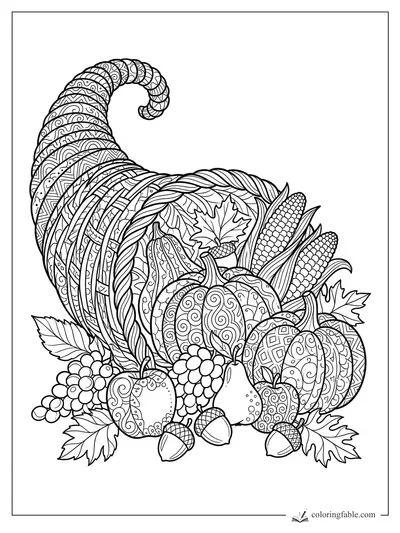 Intricate Thanksgiving cornucopia with zentangle patterns, pumpkins, corn, grapes, pears, leaves, and acorns.