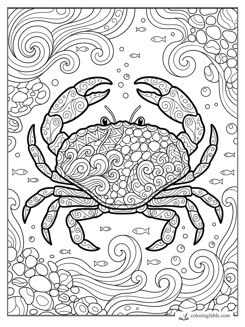 Intricate zentangle crab with raised claws, tiny fish, bubbles, waves, and pebble borders
