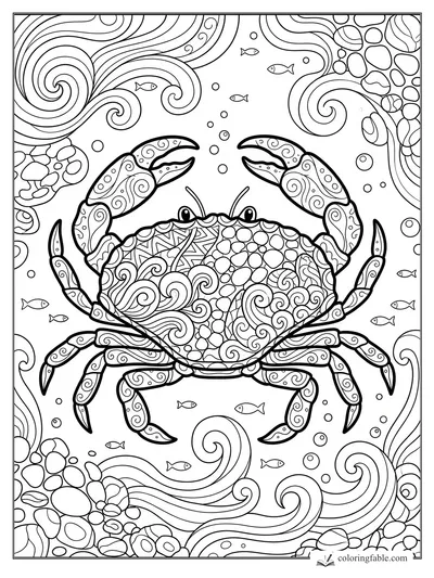 Intricate zentangle crab with raised claws, tiny fish, bubbles, waves, and pebble borders