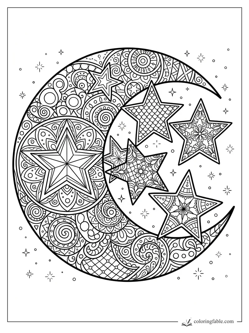 Intricate zentangle crescent moon with five patterned stars and tiny starbursts
