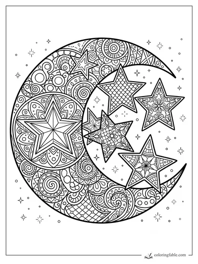 Intricate zentangle crescent moon with five patterned stars and tiny starbursts
