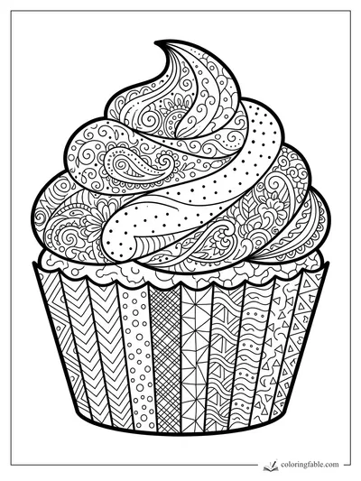 Intricate zentangle cupcake with paisley frosting, dotted swirls, and a striped patterned wrapper