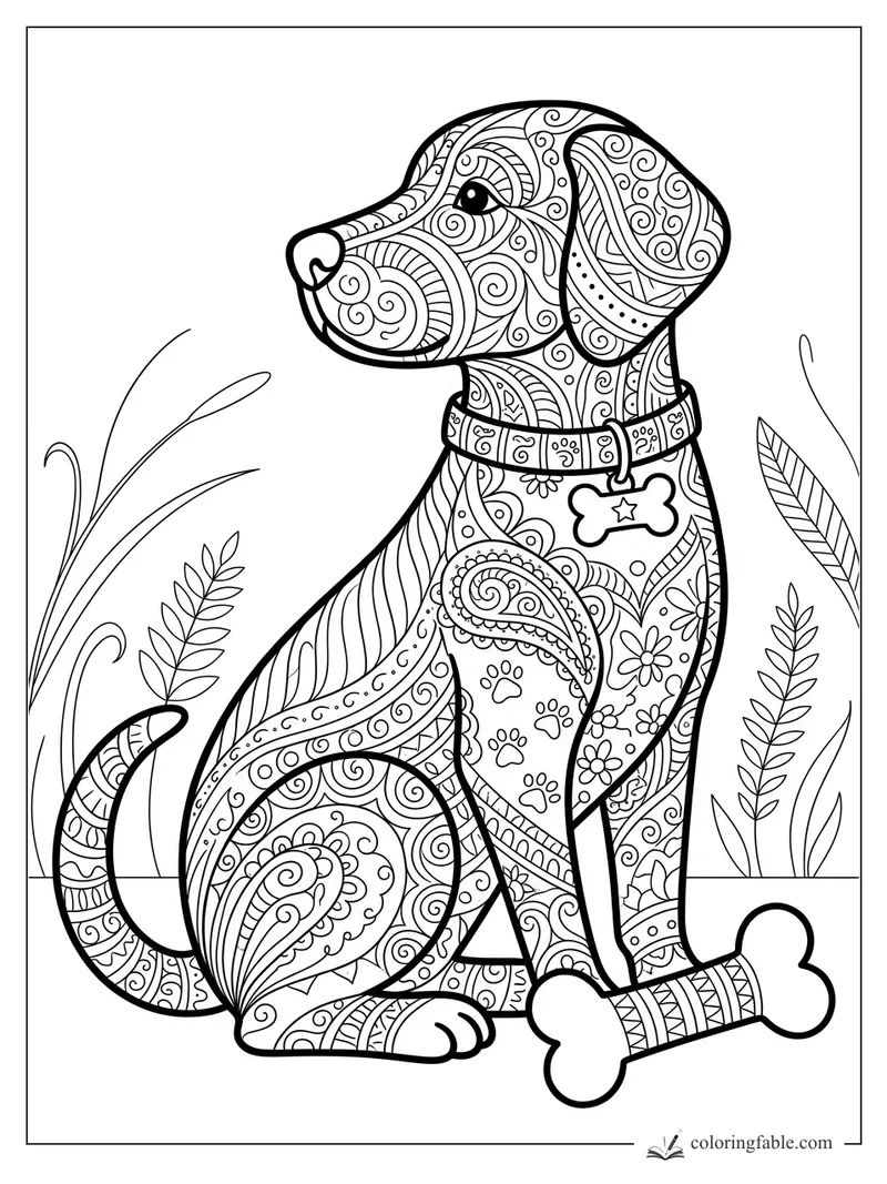 Intricate zentangle dog with patterned collar, tag, tall grasses, and a bone by its paws