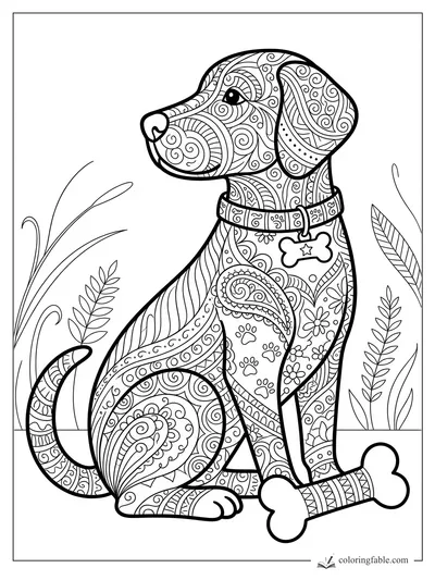 Intricate zentangle dog with patterned collar, tag, tall grasses, and a bone by its paws