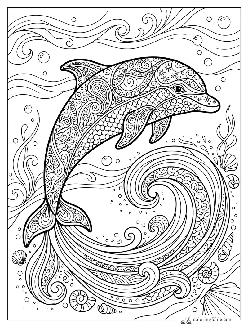 Intricate zentangle dolphin leaping over a curled wave with seashells, bubbles, seaweed, and flowing water lines