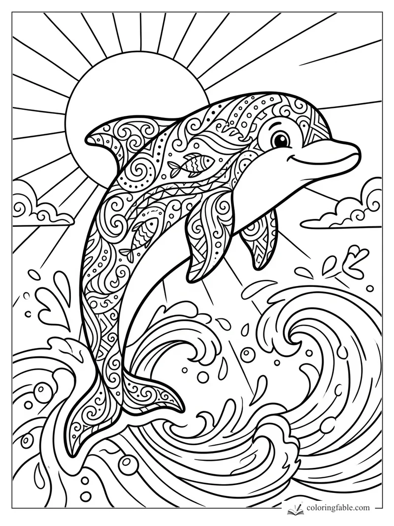 Zentangle dolphin leaping over curling ocean waves under a sun with rays and small clouds