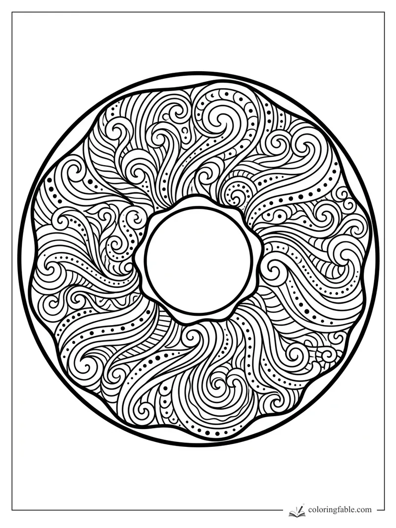 Intricate zentangle donut coloring page with spiral glaze lines, dots, and a plain center hole