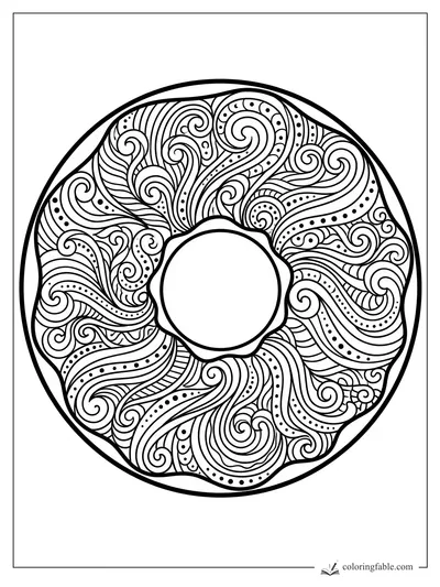 Intricate zentangle donut coloring page with spiral glaze lines, dots, and a plain center hole