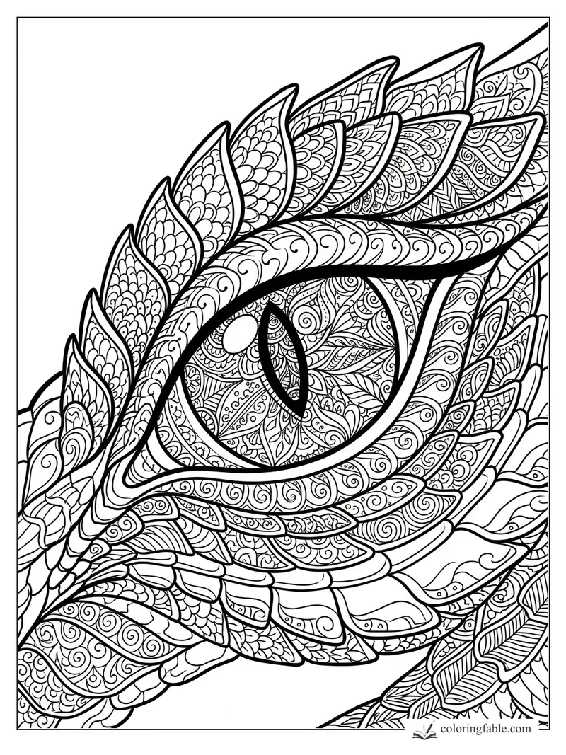 Intricate zentangle dragon eye with layered scales, sharp eyelids, swirls, petals, and feather-like patterns.