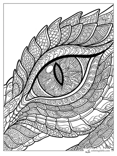 Intricate zentangle dragon eye with layered scales, sharp eyelids, swirls, petals, and feather-like patterns.