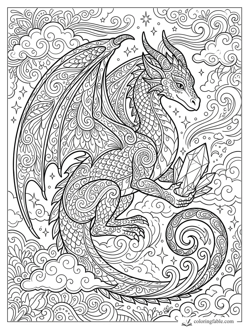 Intricate zentangle dragon with patterned wings, curled tail, stars, swirling clouds, and crystals