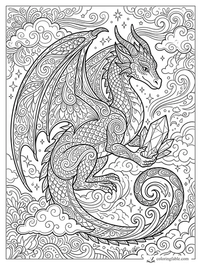 Intricate zentangle dragon with patterned wings, curled tail, stars, swirling clouds, and crystals