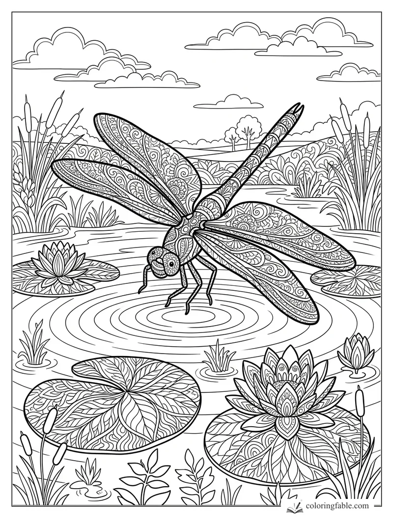Intricate zentangle dragonfly hovering over lily pads, lotus flowers, cattails, ripples, and summer clouds.