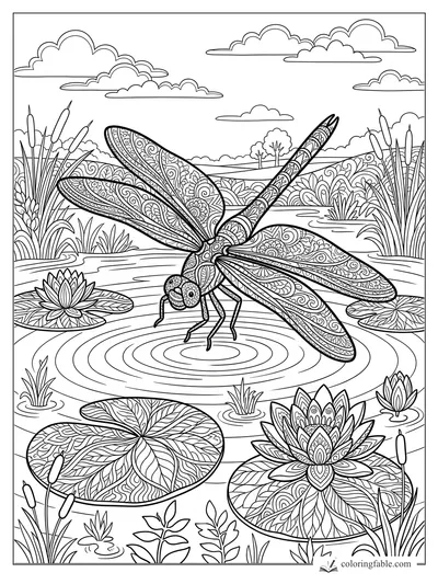 Intricate zentangle dragonfly hovering over lily pads, lotus flowers, cattails, ripples, and summer clouds.