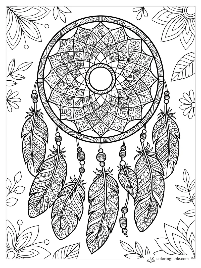 Intricate zentangle dreamcatcher with mandala web, beads, feathers, and leafy floral corners.