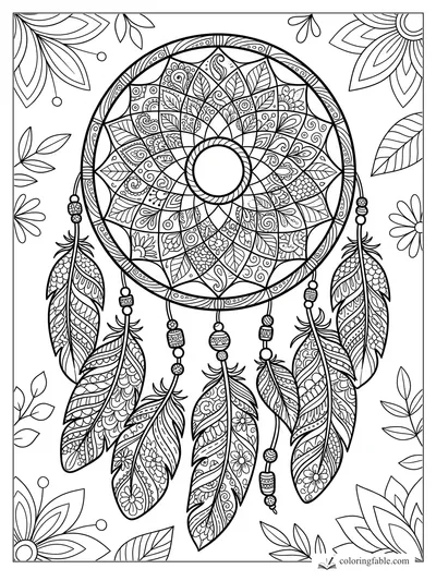 Intricate zentangle dreamcatcher with mandala web, beads, feathers, and leafy floral corners.