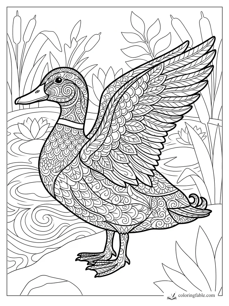 Intricate zentangle duck raising one patterned wing among cattails, lily pads, and rippling pond lines