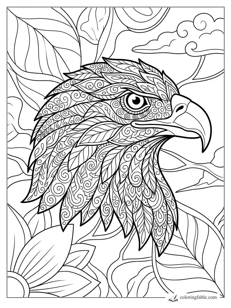 Intricate zentangle eagle head with patterned feathers, sharp beak, curling clouds, and large leaves