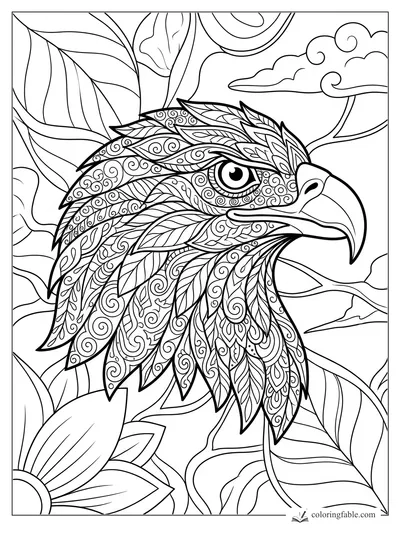Intricate zentangle eagle head with patterned feathers, sharp beak, curling clouds, and large leaves