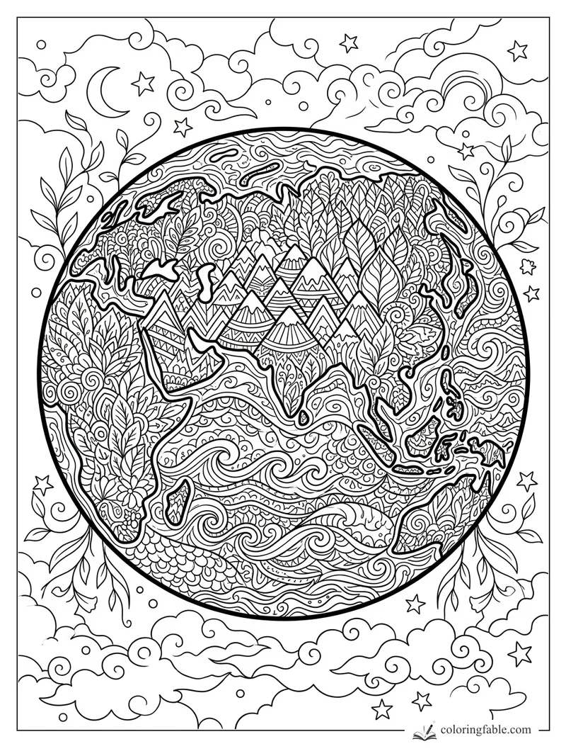 Intricate zentangle Earth with mountains, leaves, waves, clouds, stars, and crescent moon