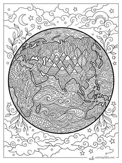 Intricate zentangle Earth with mountains, leaves, waves, clouds, stars, and crescent moon