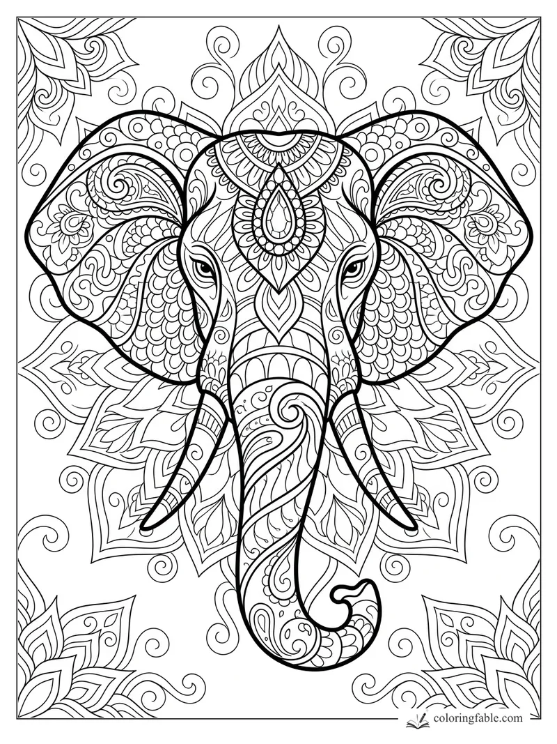 Intricate zentangle elephant head with patterned ears, curled trunk, jewel crown, and swirling mandala leaves.