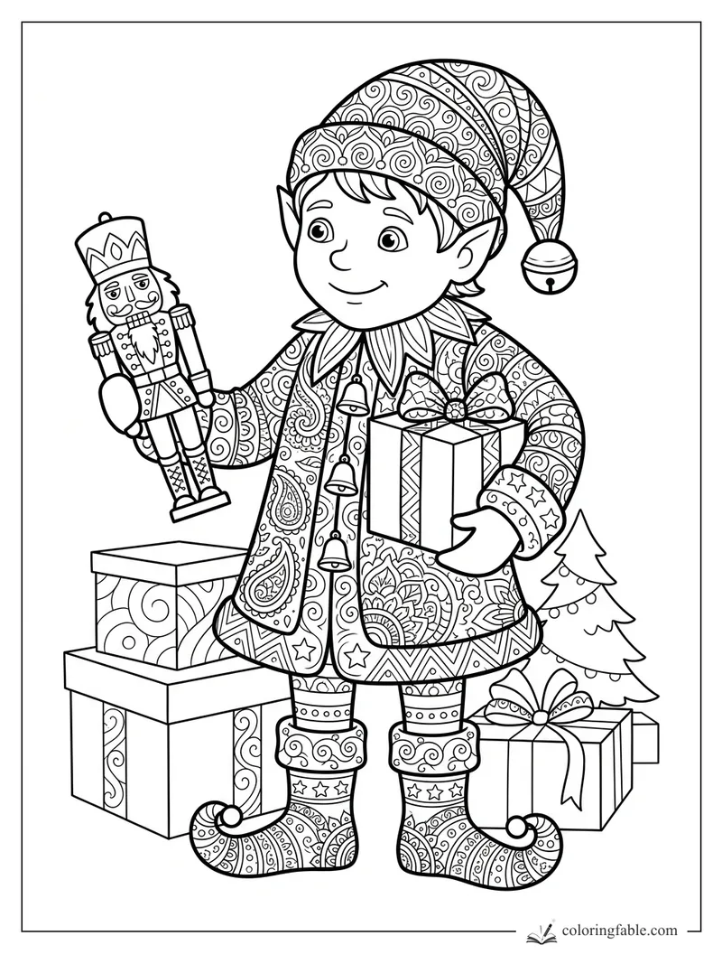Intricate zentangle elf holding a nutcracker and gift beside presents and a small Christmas tree.