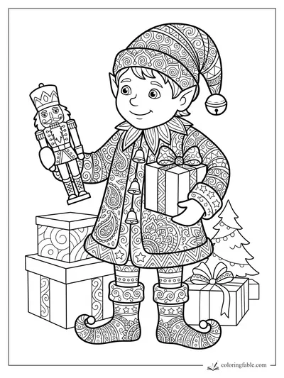 Intricate zentangle elf holding a nutcracker and gift beside presents and a small Christmas tree.