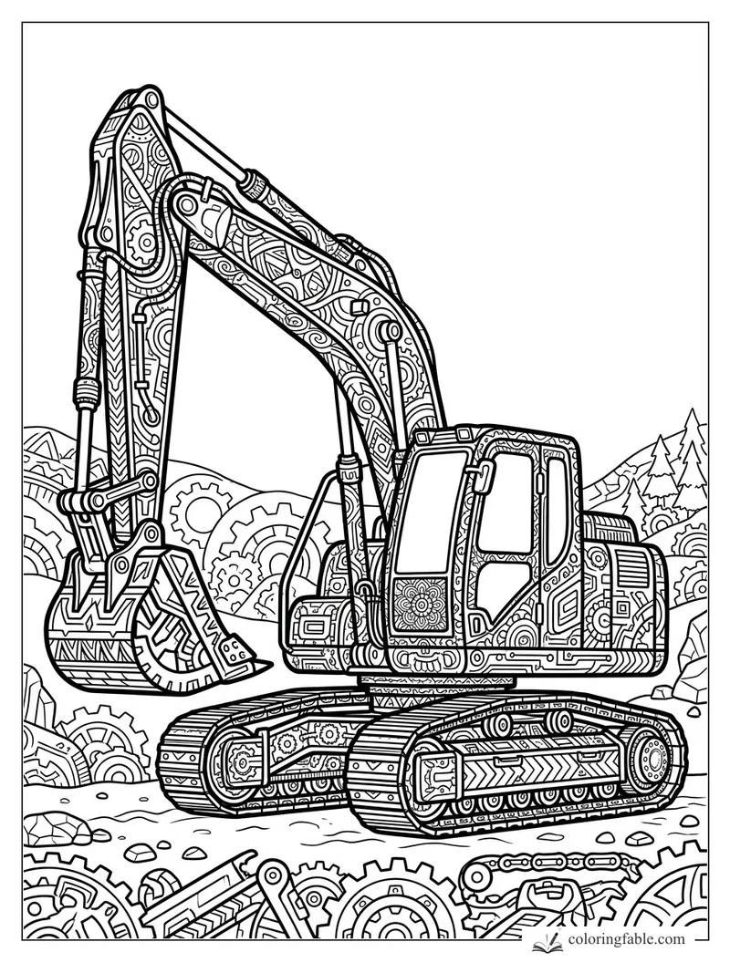 Intricate zentangle excavator with patterned boom, bucket, tracks, gears, rocks, hills, and pine trees.