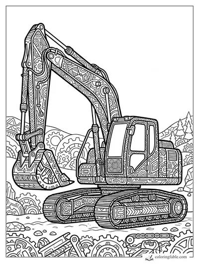 Intricate zentangle excavator with patterned boom, bucket, tracks, gears, rocks, hills, and pine trees.