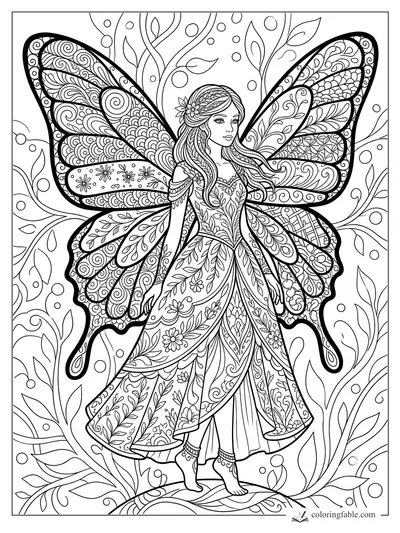 Intricate zentangle fairy girl with butterfly wings, floral dress, flowing hair, leaves, swirls, and bubbles