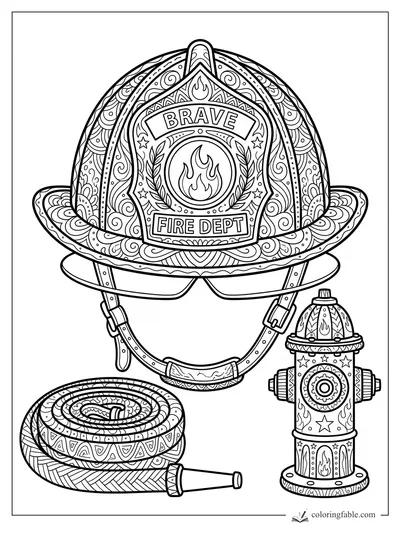 Intricate zentangle firefighter helmet with BRAVE badge, coiled hose, nozzle, and fire hydrant