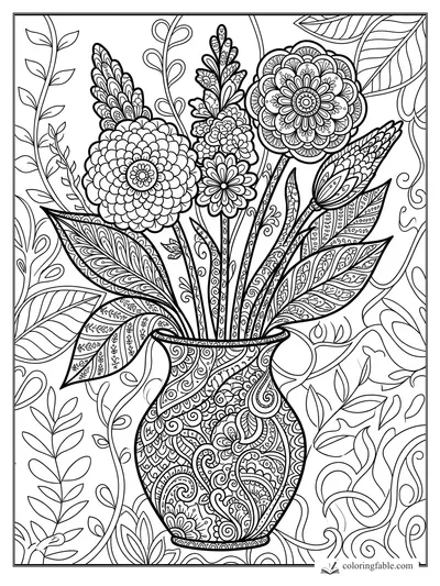 Intricate zentangle flower bouquet in a paisley vase with patterned leaves and curling vines