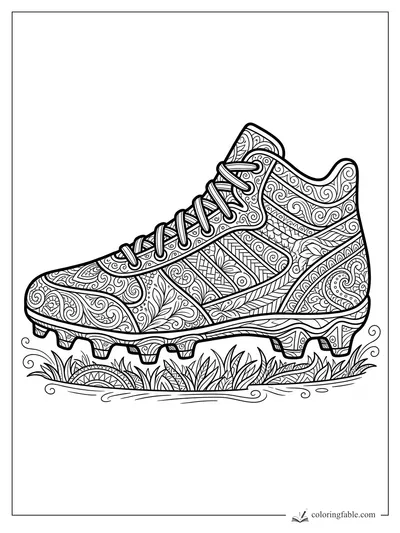 Intricate zentangle football cleat with laces, studs, floral panels, swirls, and grass