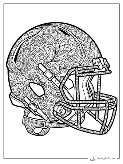 Intricate zentangle football helmet with paisley shell, chin straps, ear pads, and facemask