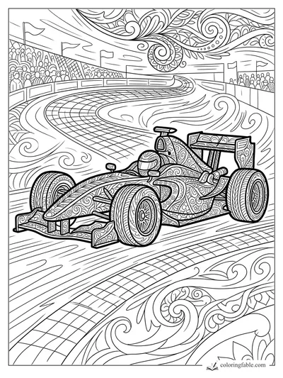 Intricate zentangle Formula race car on a curved track with grandstands, flags, and swirling sky patterns